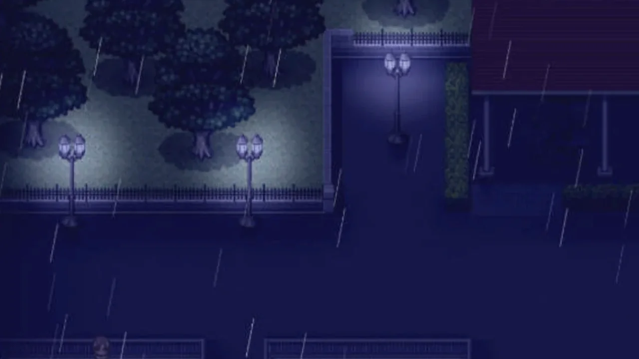 雨幕中的道路交叉口与成排路灯近景