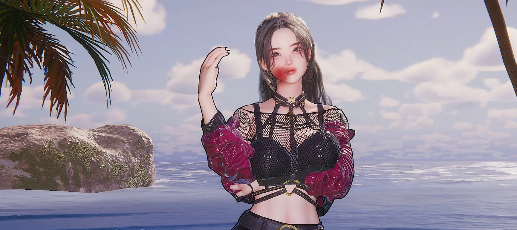 身穿黑红服装的长发女性站在海边，身后是棕榈树、海面与晴空