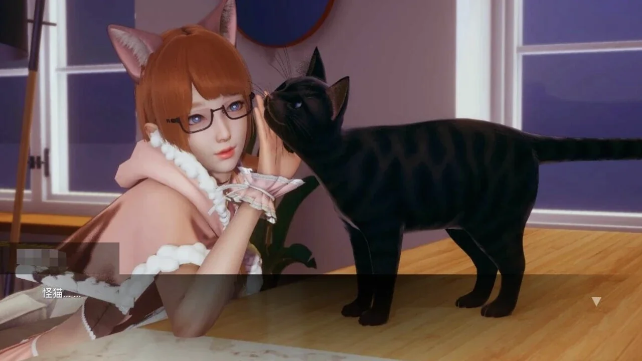 猫耳角色俯身看着木桌上的黑猫