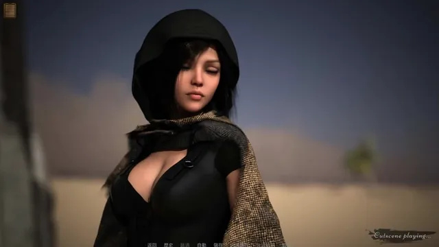 戴兜帽与围巾的女子站在沙漠聚落前