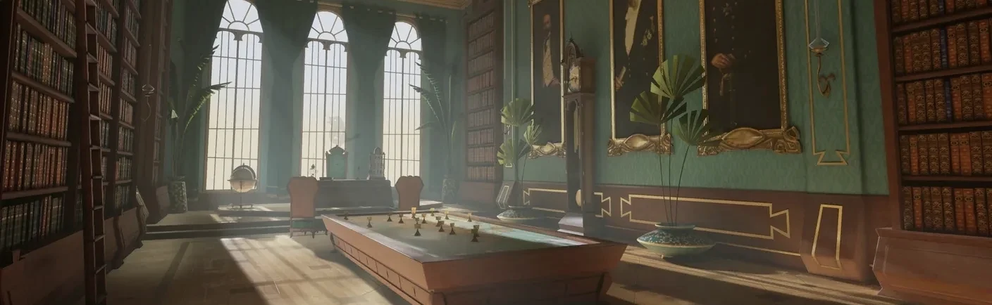 阳光穿过高窗，照亮书房里的棋桌与两侧书架