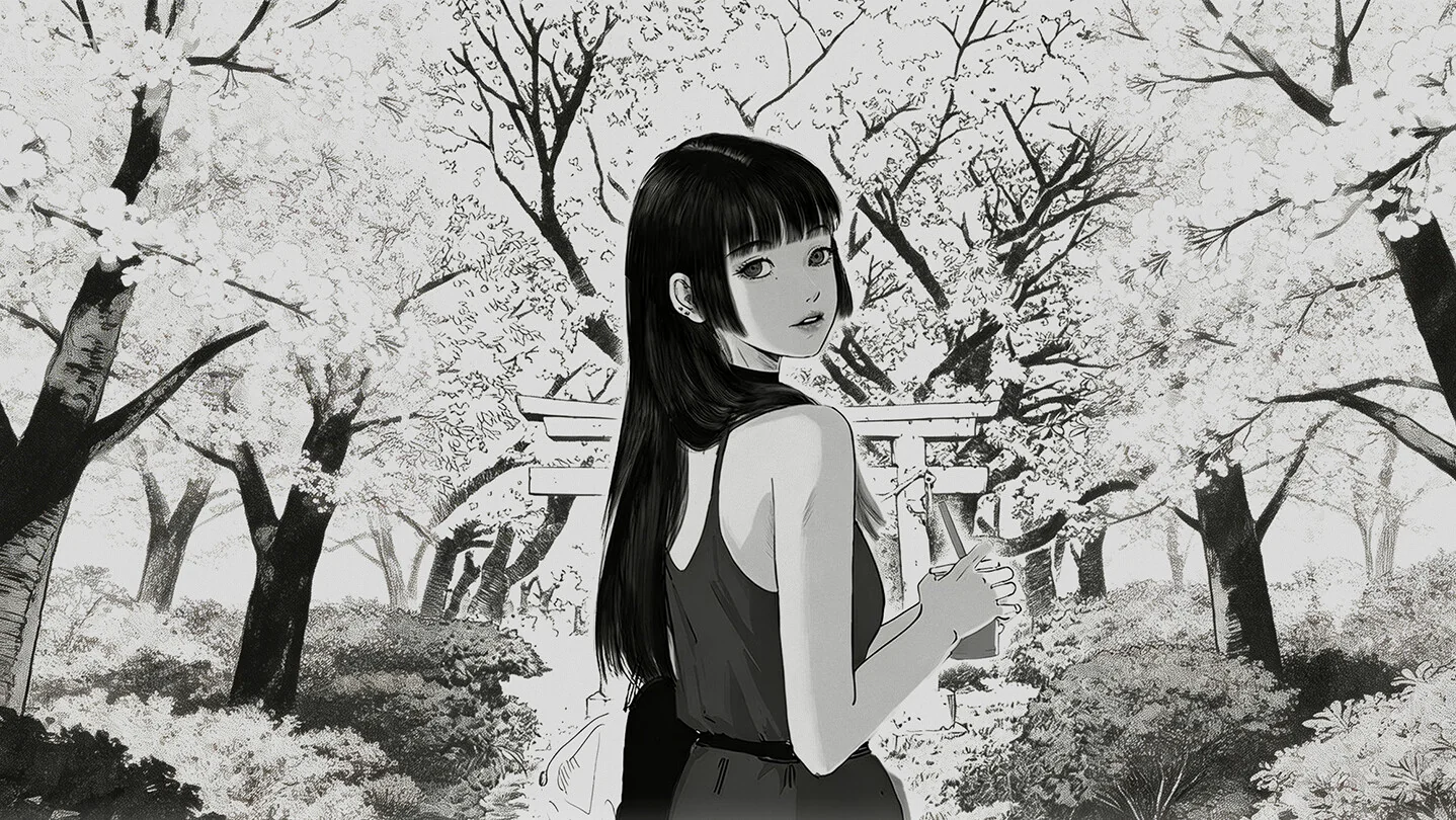 黑白漫画风的若宫凛站在樱花树与鸟居前回望